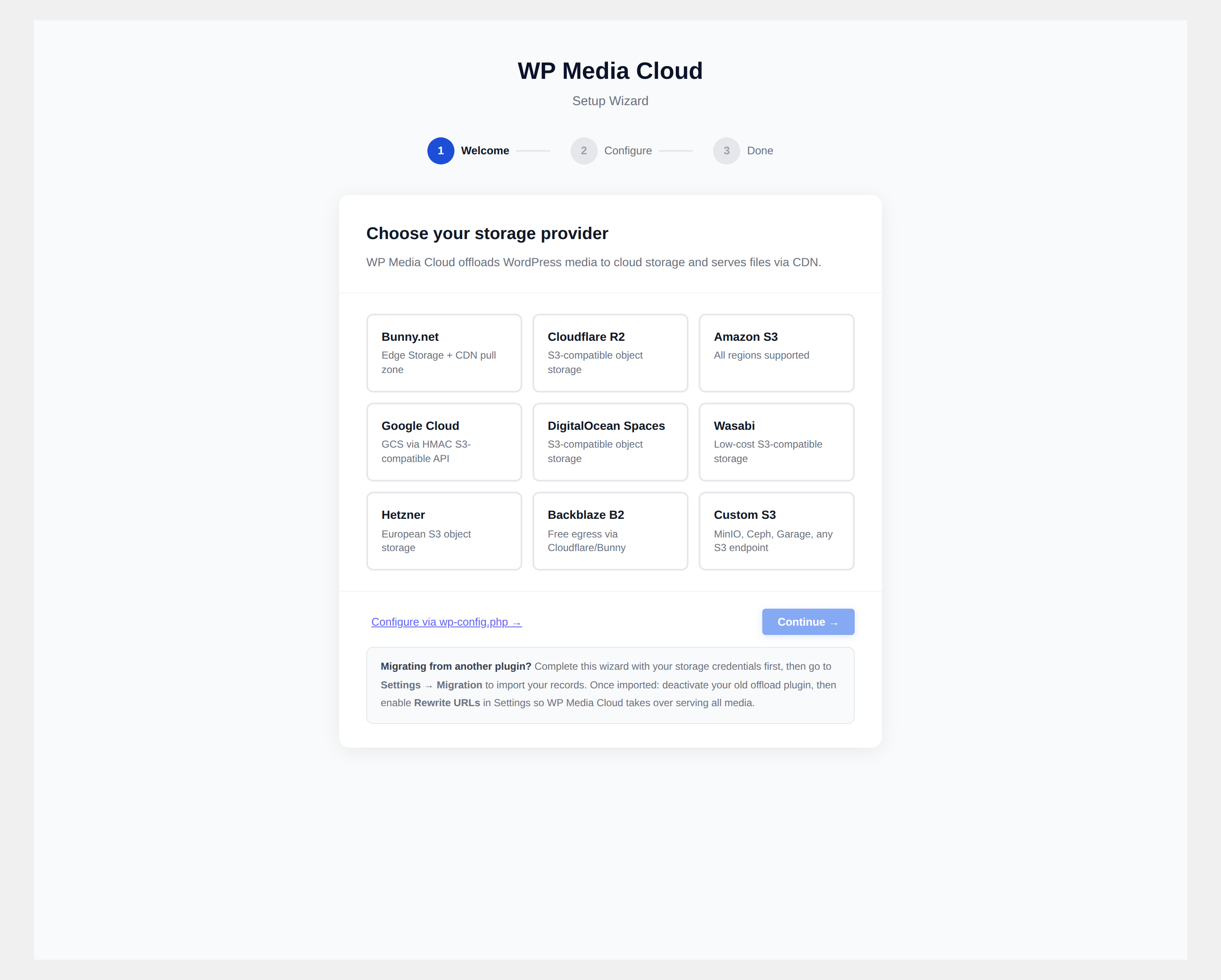 WP Media Cloud setup wizard showing the choice of nine storage providers