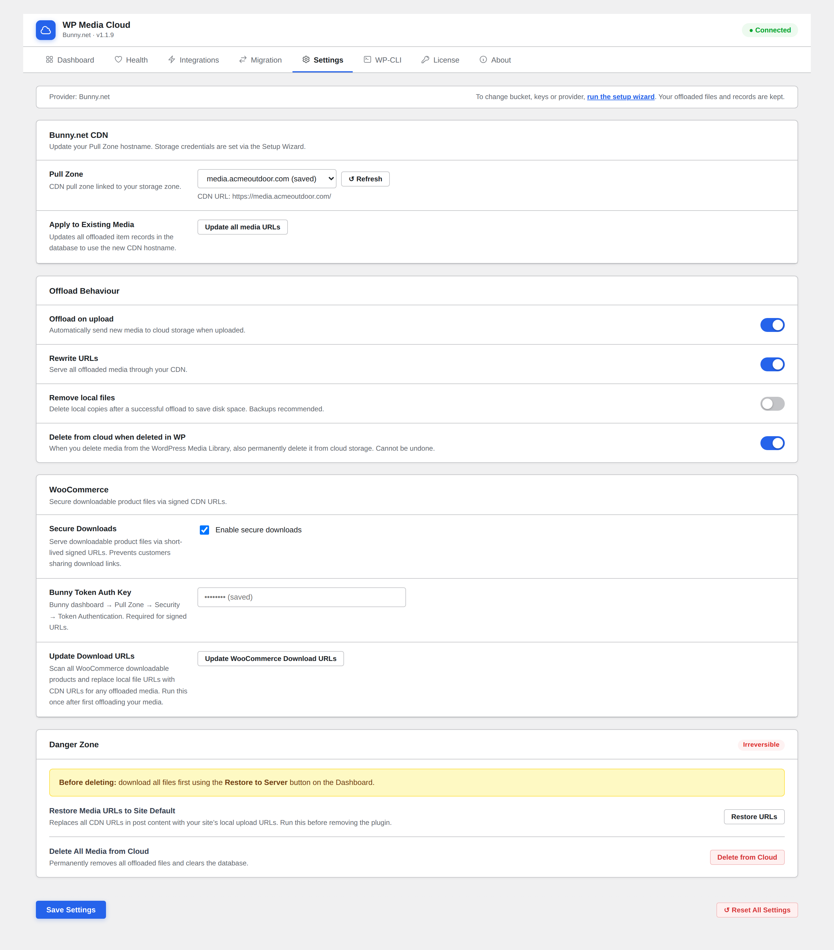 WP Media Cloud settings tab with CDN, offload behaviour, WooCommerce and danger zone sections