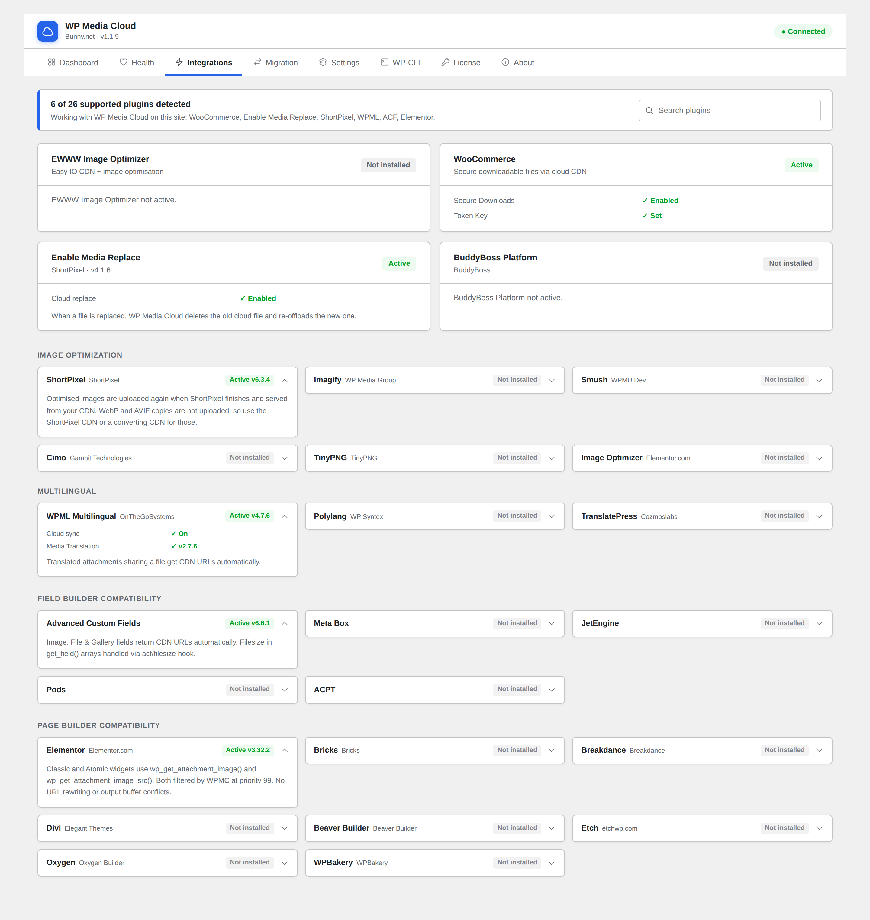 WP Media Cloud integrations tab showing detected plugins grouped by category