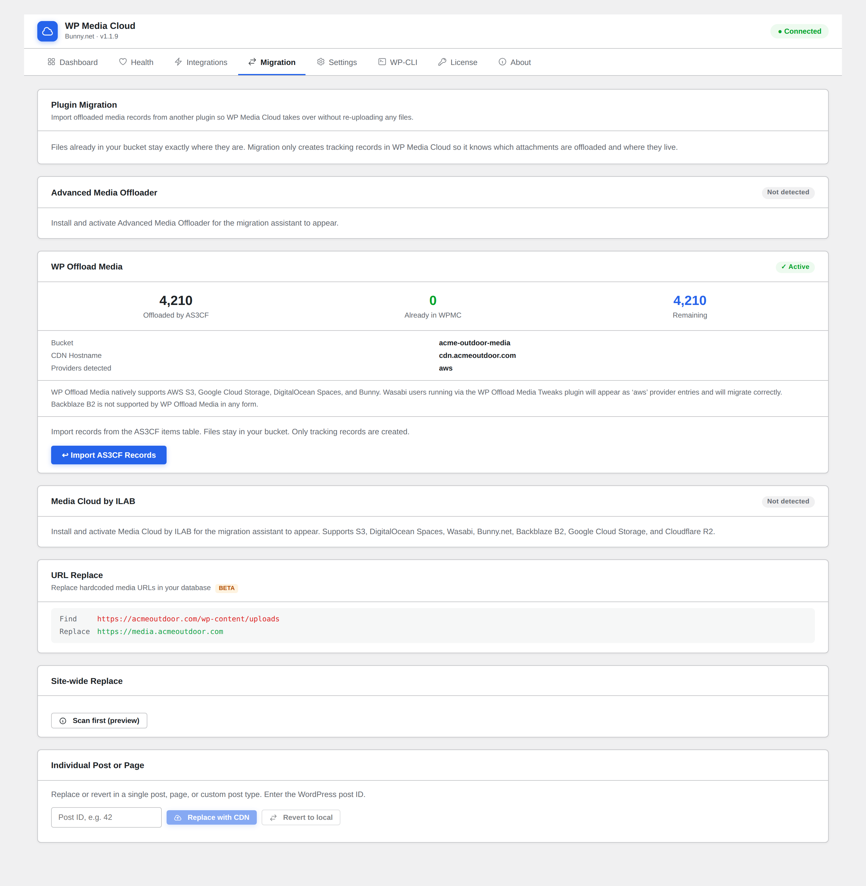 WP Media Cloud migration tab detecting WP Offload Media with 4,210 items ready to import